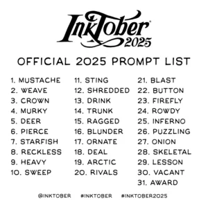 Daily prompt list for Inktober 2025