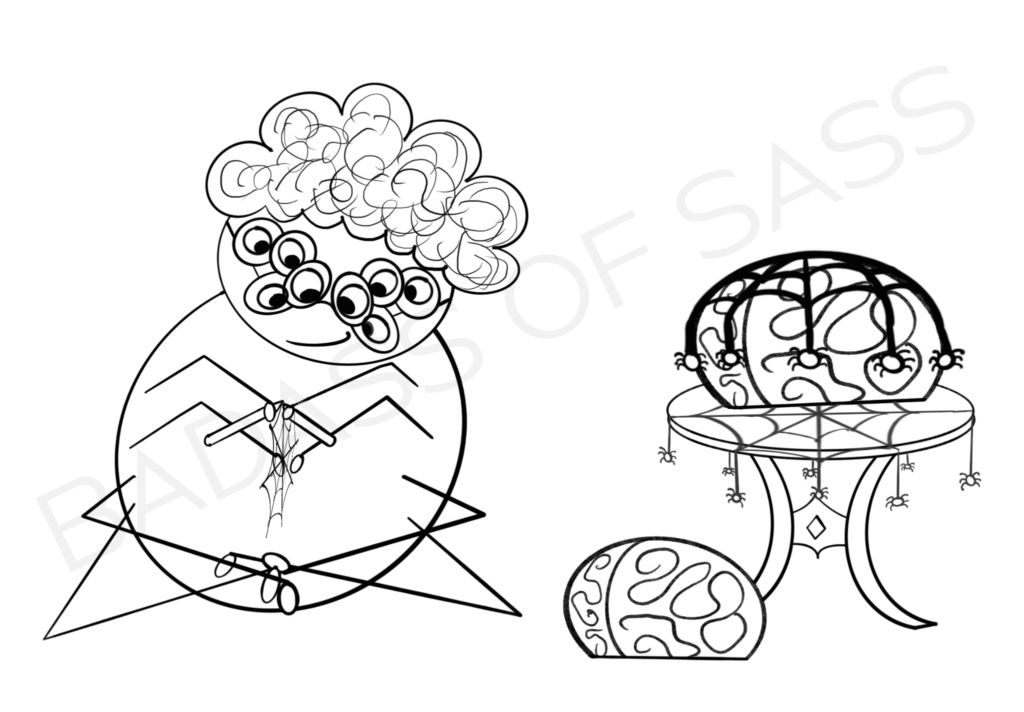 Grandma Spider knitting dollies for brains