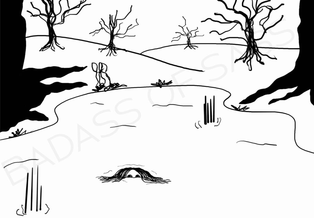 Spooky landscape with pond and trees and girl with face half submerged coming out of pond