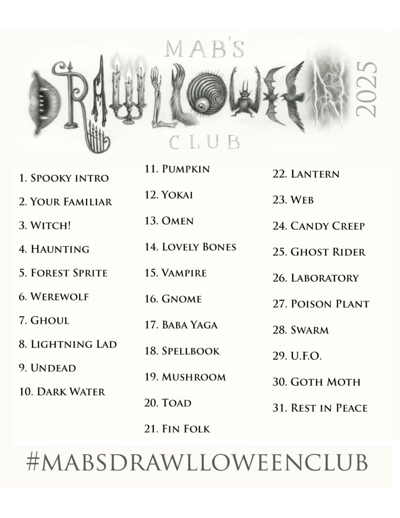 Daily prompt list for Mab's Drawlloween 2025